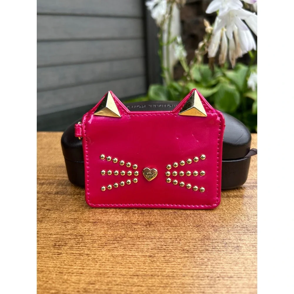 Betsey Johnson Cat Card Holder Hot Pink Studded Faux Patent Leather Y2K Wallet